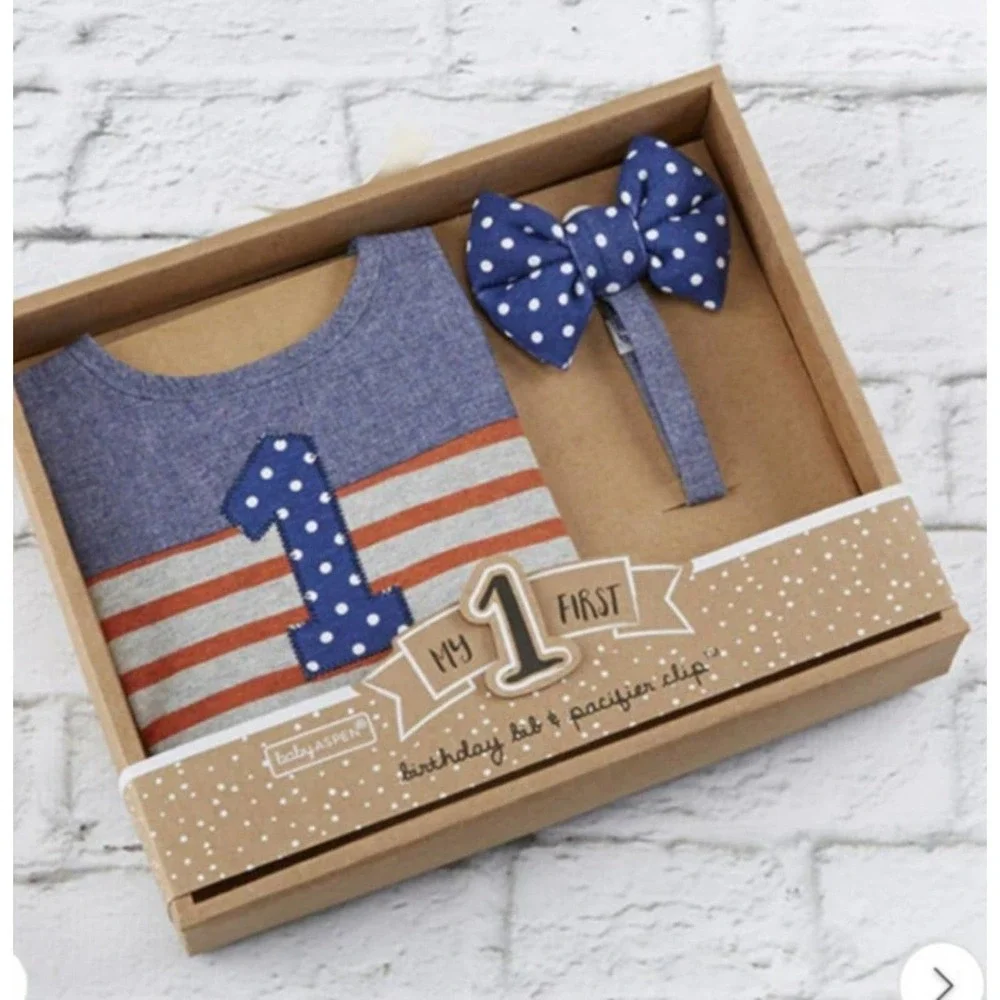 first 1st Birthday Bib pacifier clip Baby Aspen Gift Set box